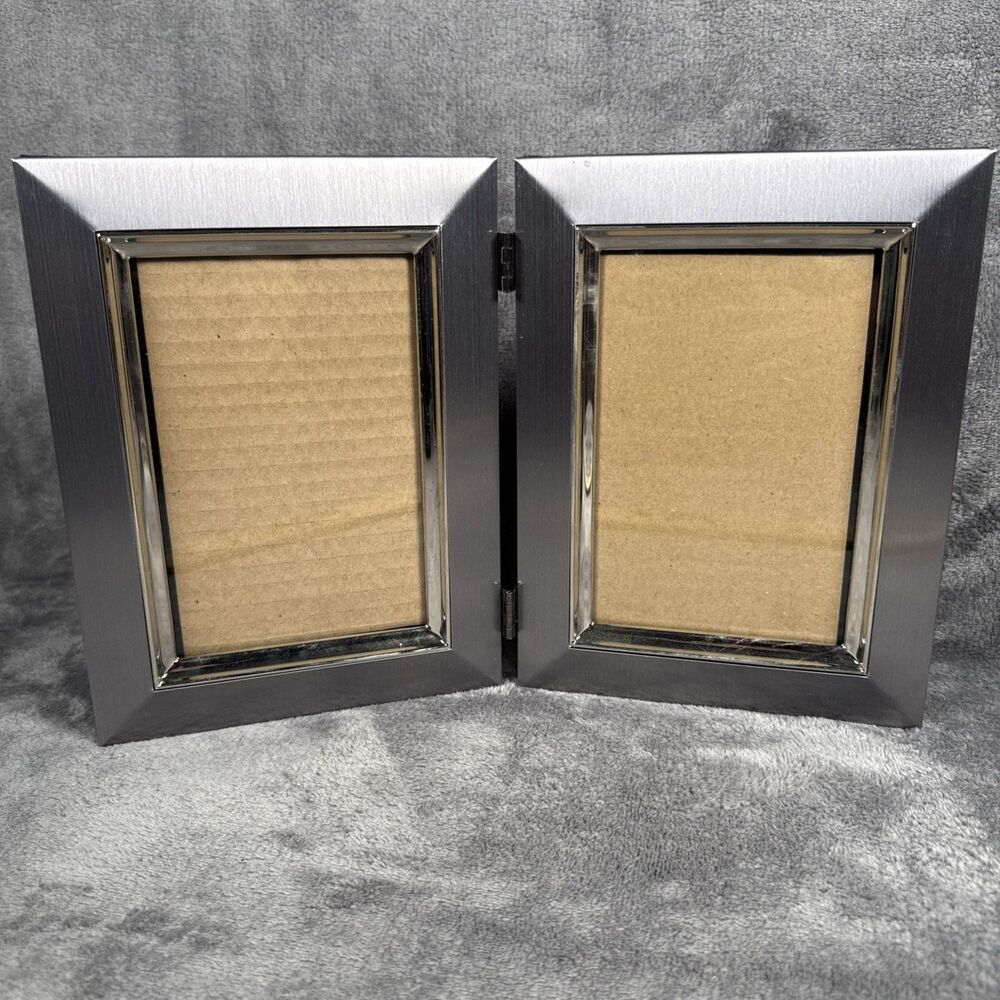 Silver-tone Brushed Metal Bi-Fold Double 4x6 Photo Frame Velveteen Back